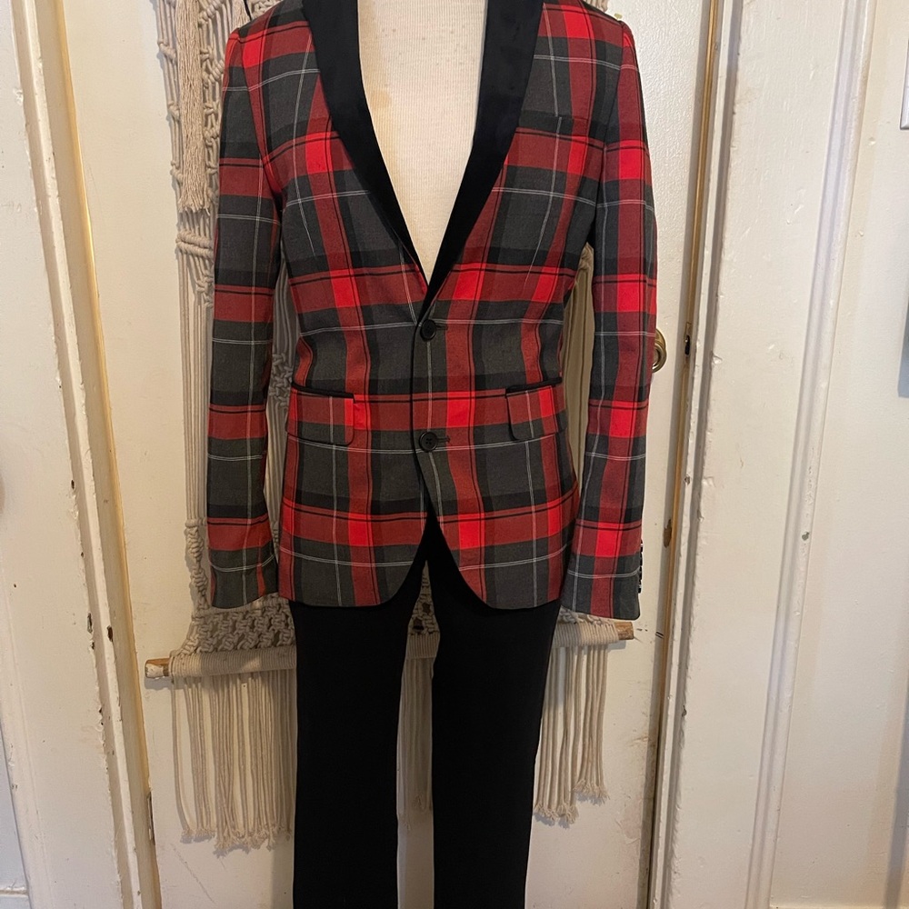 Red and Black Plaid Men's Blazer